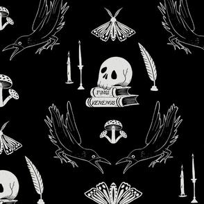 Skulls And Ravens Damask Black With Light Gray