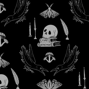 Skulls And Ravens Damask Black