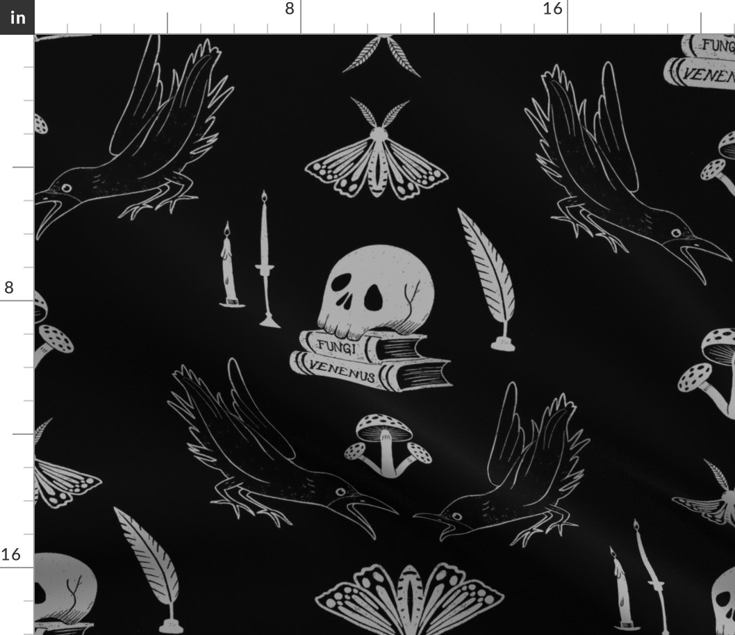 Skulls And Ravens Damask Black