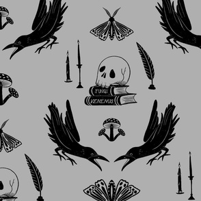 Skulls And Ravens Damask  Gray