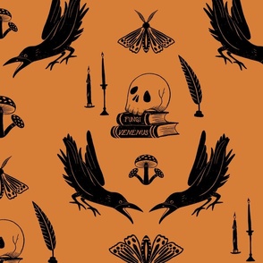 Skulls And Ravens Damask Orange And Black