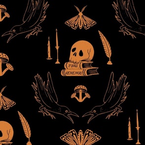 Skulls And Ravens Damask Black And Orange