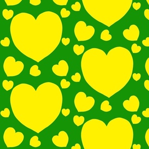 Yellow Hearts on Green Background