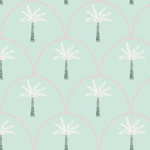 Tropical Watercolour Palm Trees on mint green background and pink fishscale