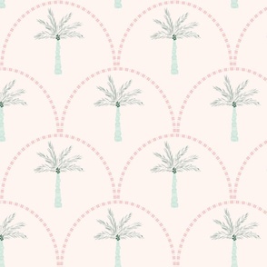 Tropical green palm trees on cream with pink fishscale