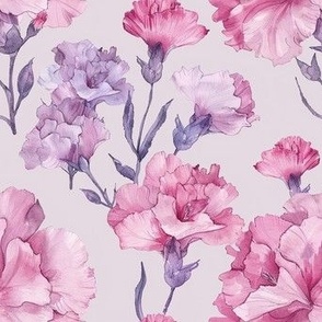 Elegant Pink and Purple Carnation Flowers, Watercolor