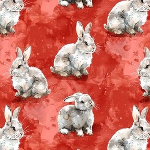 Adorable Bunnies on Washed Background, Red Watercolor