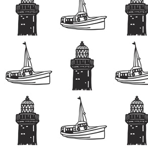Nautical-themed wallpaper featuring lighthouses, boats, and birds. Masculine, timeless charm. Perfect for coastal-inspired decor. Elevate your space with rugged monochrome elegance.
