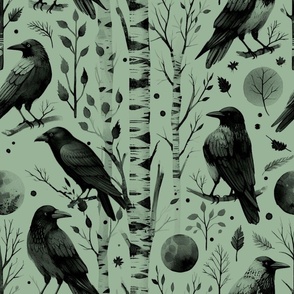 Ravens And Birch Branches On Green