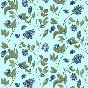 Blueberries and Leaves on the Vine Scrolled on Aqua Blue Linen-Small Scale
