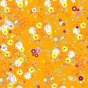 small-scale  scattered flowers and pasileys on orange