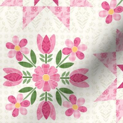 Pink Tulips and Wild Flowers with SawTooth Stars 6" blocks