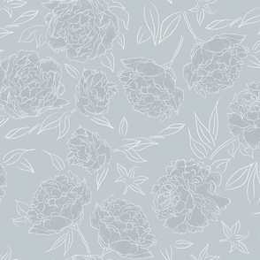 Peony Line Art – White Lines on Blue Gray and Light Blue