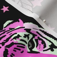 Ornate tiger damask, with stars, hot pink