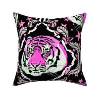 Ornate tiger damask, with stars, hot pink