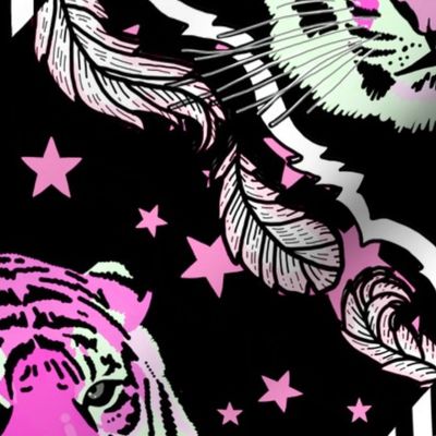 Ornate tiger damask, with stars, hot pink