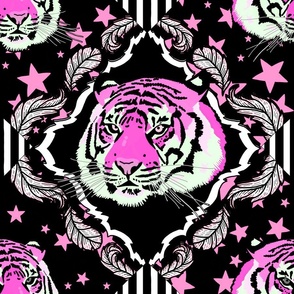 Ornate tiger damask, with stars, hot pink