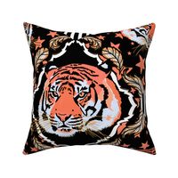 Ornate tiger damask, with stars, neon peach