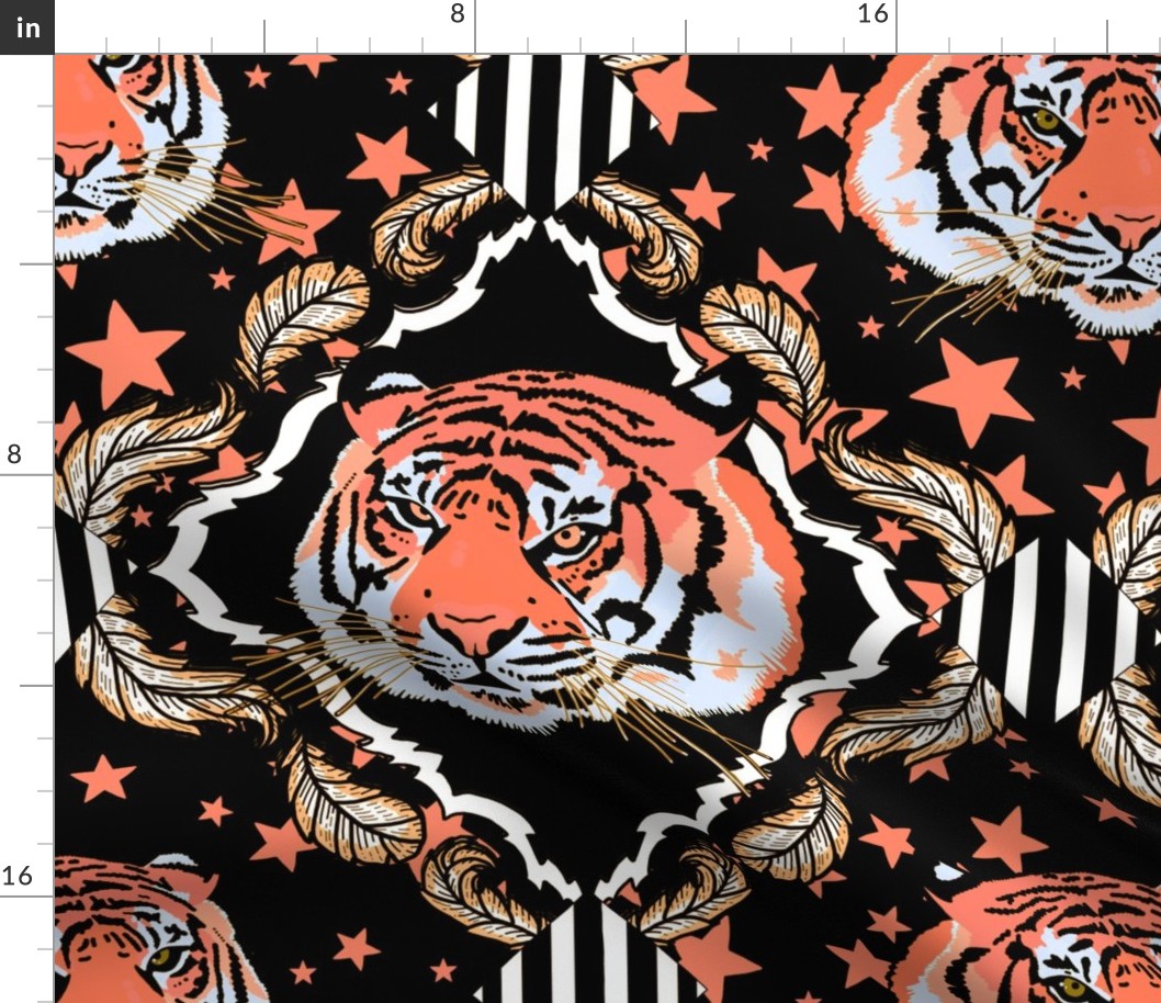 Ornate tiger damask, with stars, neon peach