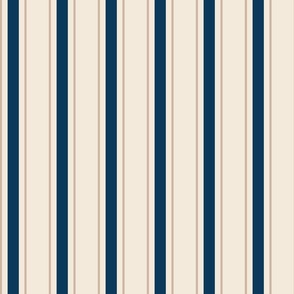 Large - Vertical Ticking Stripes - Navy Blue - Brown Sand - Pristine Cream