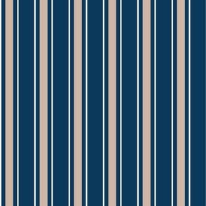 Large - Vertical Ticking Stripes - Navy Blue - Brown Sand - White