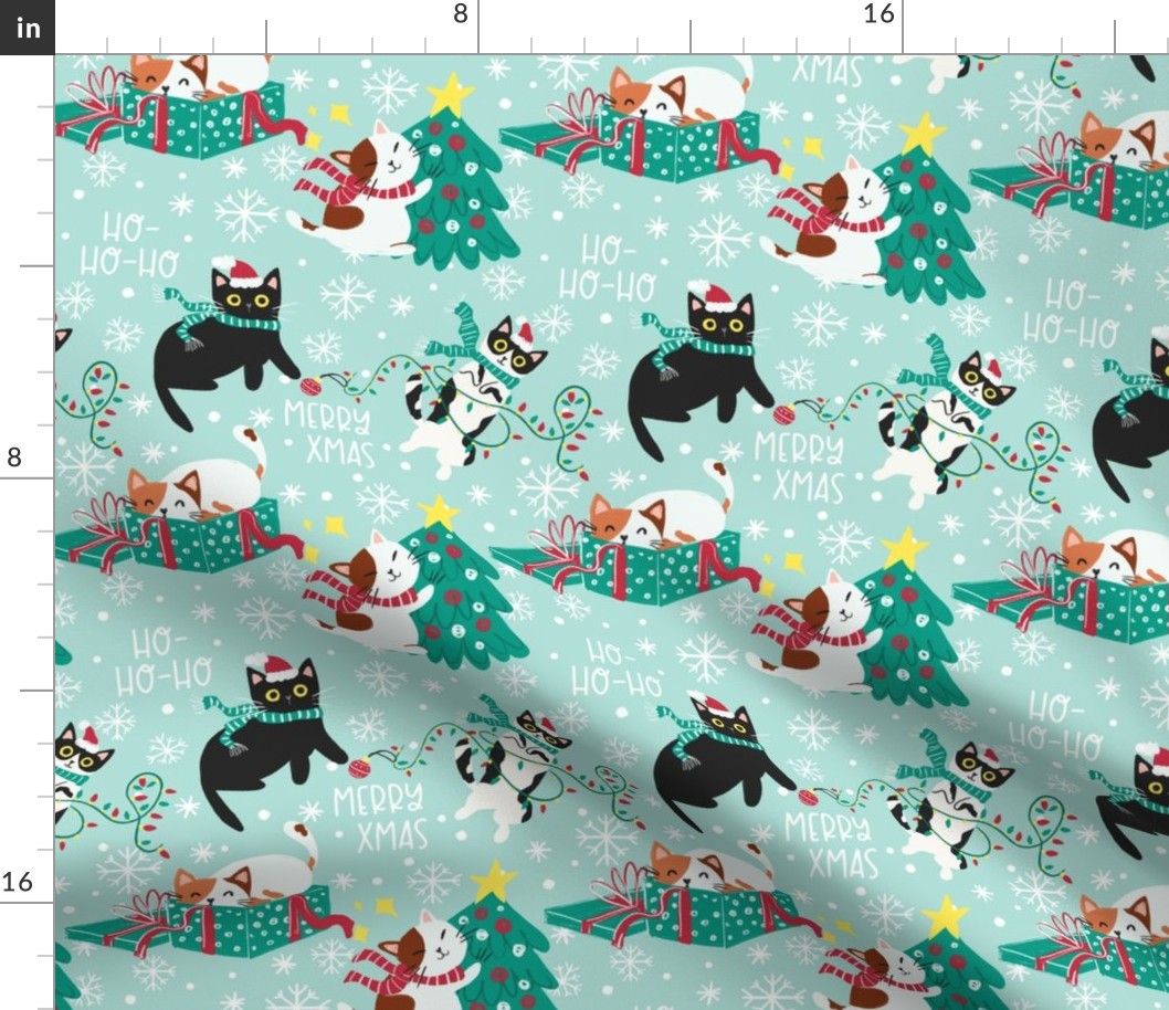 Merry xmas cats - turquoise Christmas,xmas fabric WB22