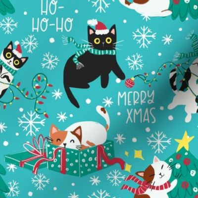 Merry xmas cats - blue Christmas,xmas fabric WB22