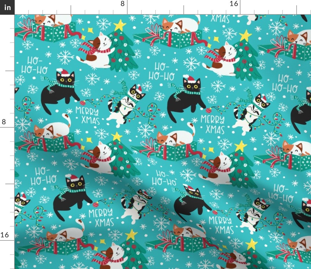 Merry xmas cats - blue Christmas,xmas fabric WB22