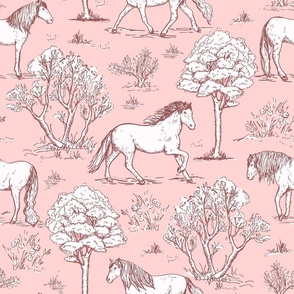 horses wallpaper, horse toile de jouy large scale WB24 blush pink