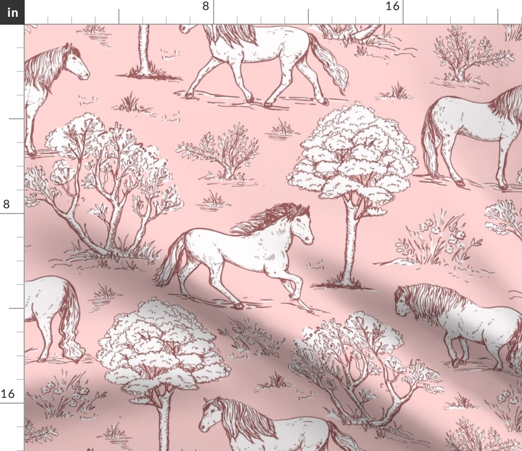 horses wallpaper, horse toile de jouy large scale WB24 blush pink