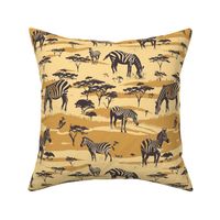 Golden Savanna: Zebras in a Sepia-Toned Landscape Pattern