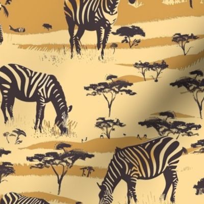 Golden Savanna: Zebras in a Sepia-Toned Landscape Pattern