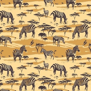 Golden Savanna: Zebras in a Sepia-Toned Landscape Pattern