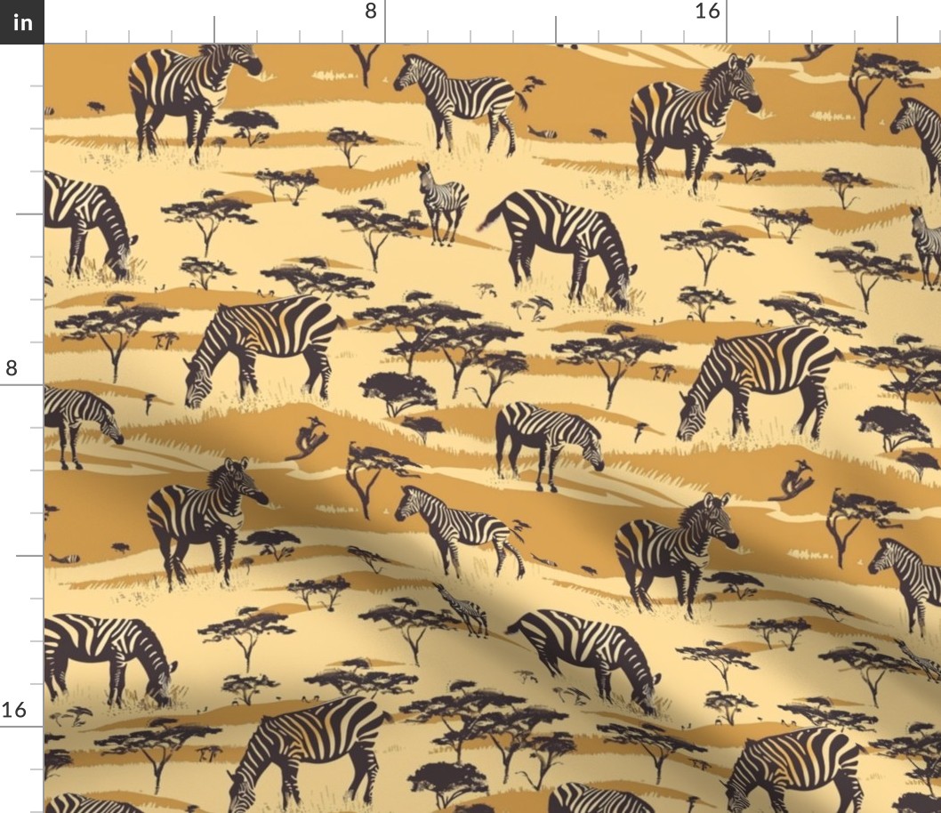 Golden Savanna: Zebras in a Sepia-Toned Landscape Pattern