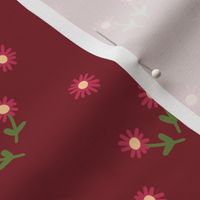 251 e- Small scale dark wine, maroon, raspberry pink, pale, yellow and olive green whimsical hand drawn Simple daisy flowers in the summer meadow for nursery decor, cot sheets, girls and boys apparel, pretty curtains, floral pet clothes