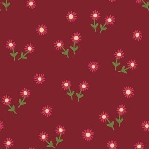 251 e- Small scale dark wine, maroon, raspberry pink, pale, yellow and olive green whimsical hand drawn Simple daisy flowers in the summer meadow for nursery decor, cot sheets, girls and boys apparel, pretty curtains, floral pet clothes