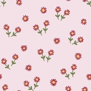 251d - Small scale pale pink, dark pink, green and yellow whimsical hand drawn Simple daisy flowers in the summer meadow for nursery decor, cot sheets, girls and boys apparel, pretty curtains, floral pet clothes
