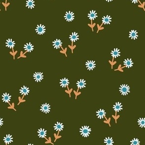 251c - Small scale dark forest green, soft mustard, and off-white whimsical hand drawn Simple daisy flowers in the summer meadow for nursery decor, cot sheets, girls and boys apparel, pretty curtains, floral pet clothes