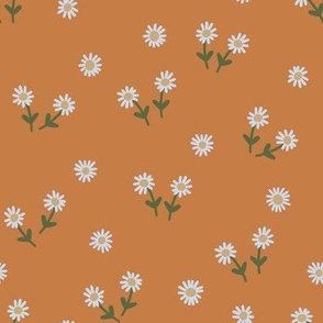 251b - Small scale soft mustard, off-white and olive green whimsical hand drawn Simple daisy flowers in the summer meadow for nursery decor, cot sheets, girls and boys apparel, pretty curtains, floral pet clothes