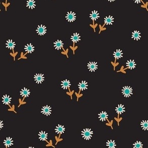 251a - Small scale dark charcoal, grey, mustard, and turquoise whimsical hand drawn Simple daisy flowers in the summer meadow for nursery decor, cot sheets, girls and boys apparel, pretty curtains, floral pet clothes