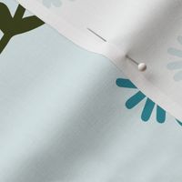 251f - Large scale  pale aqua, turquoise and olive green Simple daisy flower meadow coordinate to Millefleur modern stylized floral - for wallpaper, duvet covers, curtains, girly rooms, kids apparel, children's dresses and summer tops