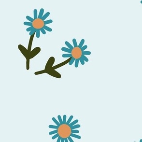 251f - Large scale  pale aqua, turquoise and olive green Simple daisy flower meadow coordinate to Millefleur modern stylized floral - for wallpaper, duvet covers, curtains, girly rooms, kids apparel, children's dresses and summer tops