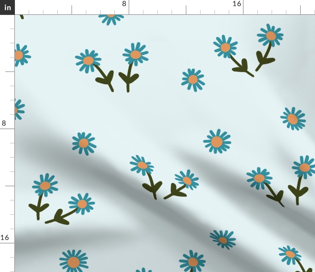 251f - Large scale  pale aqua, turquoise and olive green Simple daisy flower meadow coordinate to Millefleur modern stylized floral - for wallpaper, duvet covers, curtains, girly rooms, kids apparel, children's dresses and summer tops