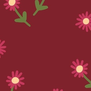 251e - Large scale raspberry red and green Simple daisy flower meadow coordinate to Millefleur modern stylized floral - for wallpaper, duvet covers, curtains, girly rooms, kids apparel, children's dresses and summer tops