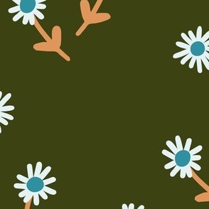 251c - Large scale dark green, mustard and turquoise Simple daisy flower meadow coordinate to Millefleur modern stylized floral - for wallpaper, duvet covers, curtains, girly rooms, kids apparel, children's dresses and summer tops