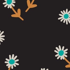 251a - Large scale charcoal, turquoise and mustard Simple daisy flower meadow coordinate to Millefleur modern stylized floral - for wallpaper, duvet covers, curtains, girly rooms, kids apparel, children's dresses and summer tops