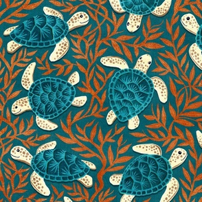 Dark Teal Blue and Cream Turtles With Burnt Orange Seaweed Large Print