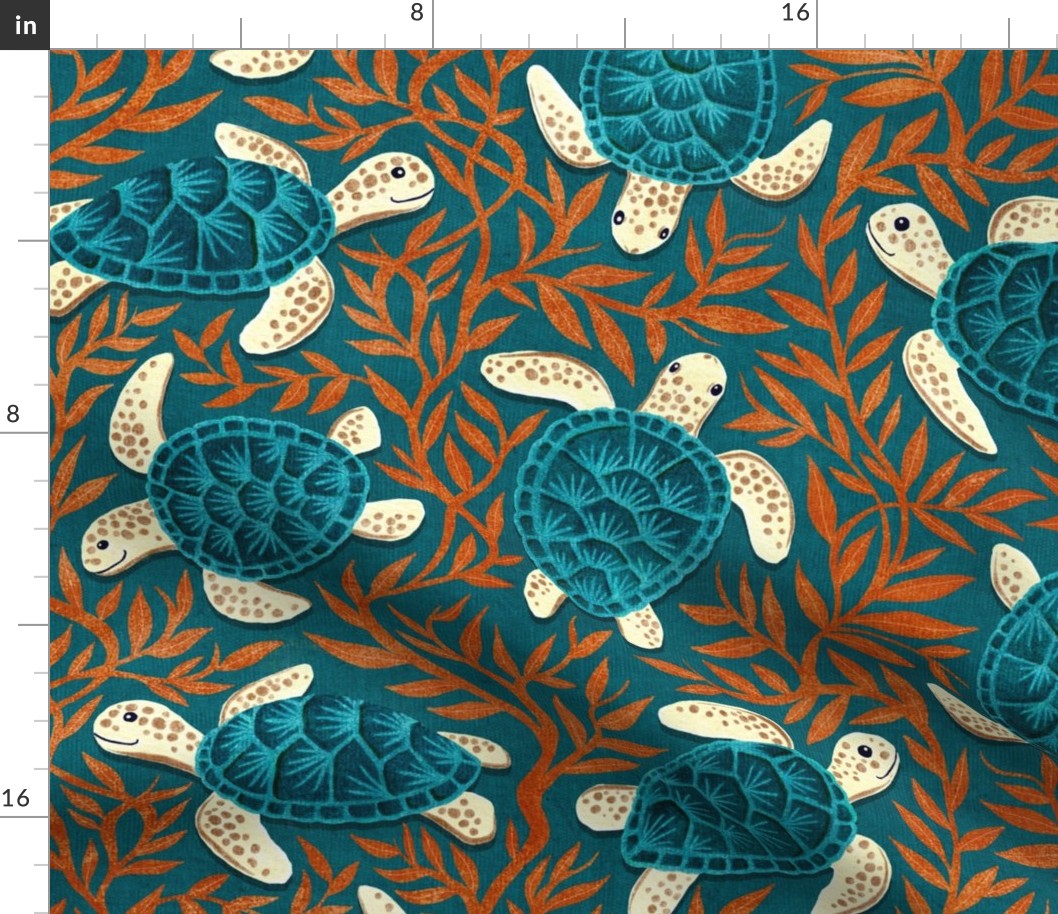 Dark Teal Blue and Cream Turtles With Burnt Orange Seaweed Large Print