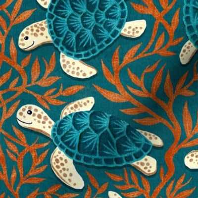 Dark Teal Blue and Cream Turtles With Burnt Orange Seaweed Medium Print
