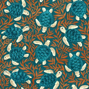 Dark Teal Blue and Cream Turtles With Burnt Orange Seaweed Medium Print